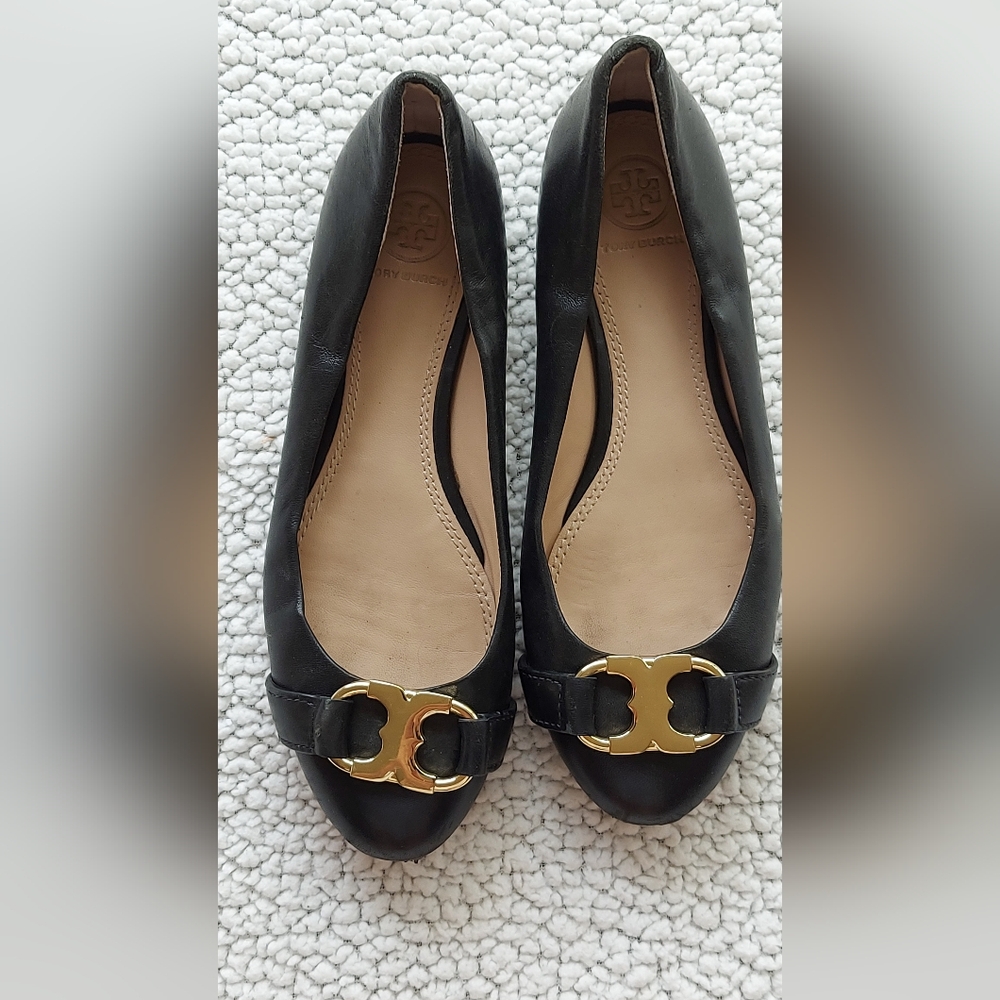 Tory Burch Black Leather Ballet Flats with Gold Logo Accent
